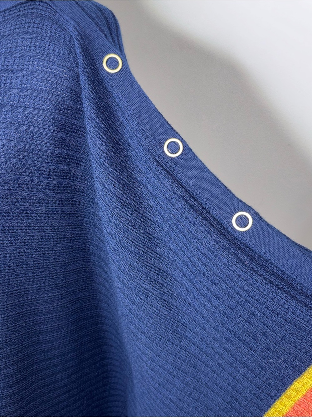 Trina Turk Chic Wrap Pullover Sweater Poncho Blue Knit Stripes and Gold Buttons - Picture 5 of 13